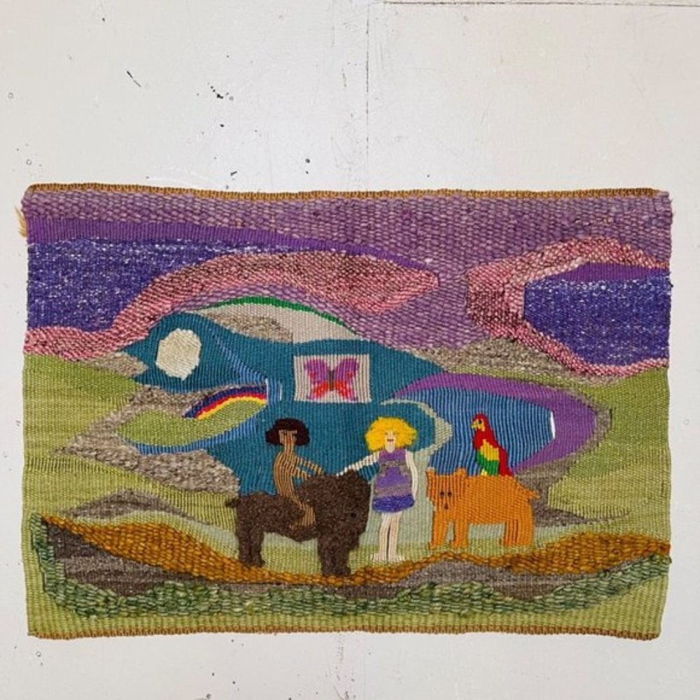 Wall Art Rug Woven Farm Valley Animal Lake Water Hills Nature Handmade 25.5 x 37